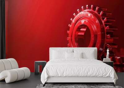 Close up steel gear concept with red light shades copy space background. AI generated image Wall mural