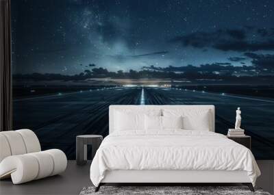 Dark concrete or asphalt of plane runway with light in the night sky view. AI generated image Wall mural