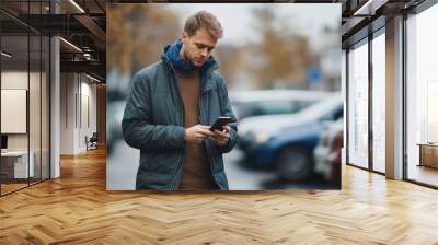 Man Using Smartphone in City Wall mural