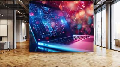 Modern laptop with smart digital futuristic technology screen background. AI generated image Wall mural