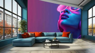 Portrait of happy pretty woman listening to music with headphones with cyberpunk style. AI generated Wall mural