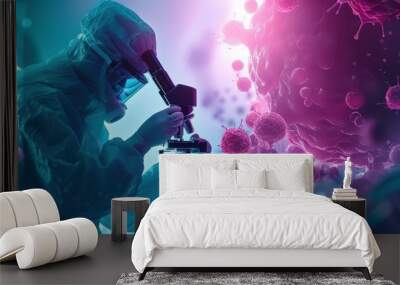 Scientist with medical tubes laboratory for research pharmaceutical with blood cells with neon light Wall mural