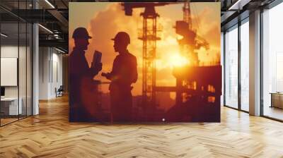 Silhouette group engineer construction site in blurred natural sunset background. AI generated image Wall mural