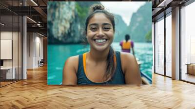 Smiling Woman On A Boat In A Tropical Lagoon Wall mural