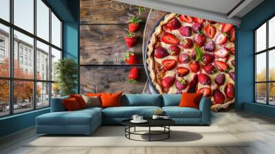 Sweet pie cake with fresh strawberries on a rustic wooden plate. AI generated image Wall mural