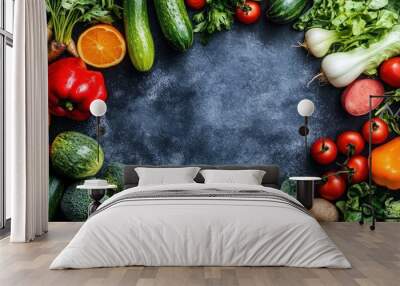 Vibrant Fresh Vegetables Around A Grey Background Wall mural