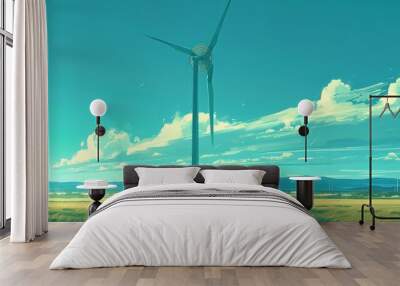 Windmills turbines energy in a field with hydrogen pipeline factory near railway. AI generated image Wall mural