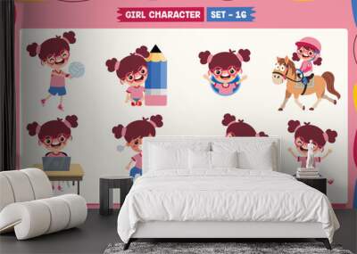 Cartoon Girl Doing Various Activities Wall mural