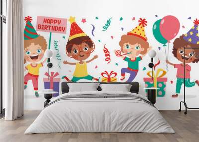 Cartoon Kids Celebrating Birthday Party Wall mural