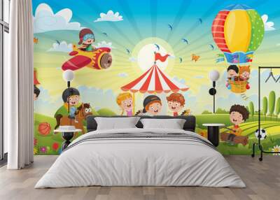 Children Having Fun At Spring Landscape Wall mural