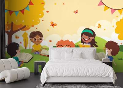 Children Reading Book At Nature Wall mural