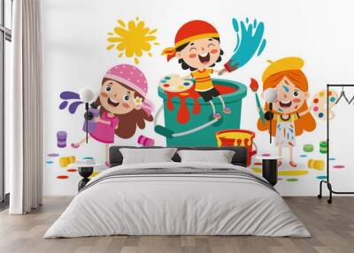 Funny Kid Coloring And Painting Wall mural