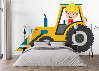 Funny Kid Using Loader Machine Wall mural