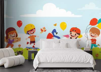 Funny Kids Playing At Nature Wall mural