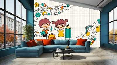 Hand Drawn Funny Cartoon Student Wall mural