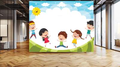 Vector Illustration Of Funny Kids Playing Outside Wall mural