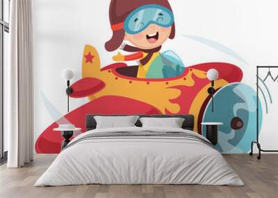 Vector Illustration Of Kid Operating Plane Wall mural