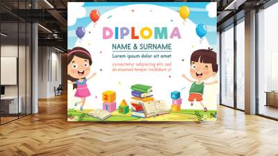 Vector Illustration Of Preschool Kids Diploma Wall mural