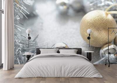 gold and silver christmas ball on glitter background Wall mural