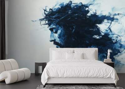 Abstract Artistic Portrait of Jesus Christ with Crown of Thorns in Blue Tones on White Background Wall mural