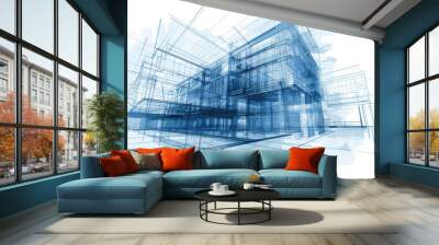 Architectural concept drawing of an urban residential complex in a blueprint sketch style with modern building construction Wall mural