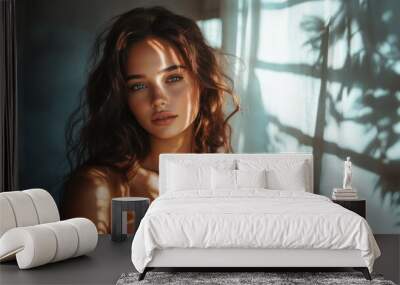 Beautiful Woman with Long Hair in Sunlit Room with Shadows from Window Blinds Wall mural