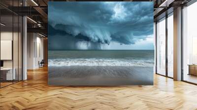 Dramatic Storm Clouds Over Ocean with Waves Crashing on Sandy Beach Captured in Stunning Detail Wall mural