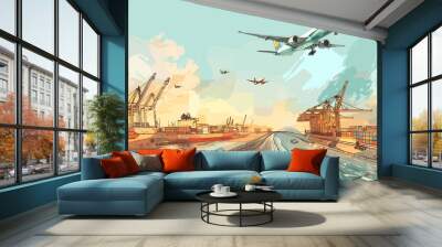 Drawing sketch depicts  bustling transport hub where multiple modes of transportation converge. Wall mural