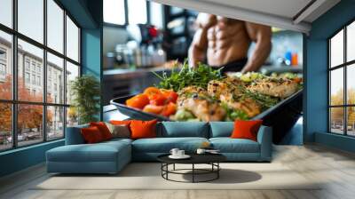 Healthy Grilled Chicken and Vegetables in Modern Kitchen with Fit Muscular Man in Background Wall mural