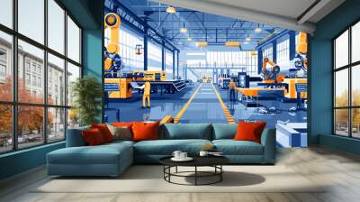 illustration automated efficiency modern industry within factory production line and workers in safety gear Wall mural