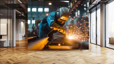 Industrial worker welding at a factory  will be wearing appropriate safety gear. Wall mural