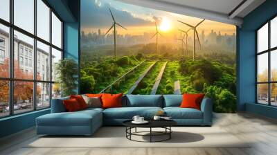 Modern cityscape with sustainable energy solutions. In the foreground, there's an array of solar panels positioned among lush greenery. Wall mural