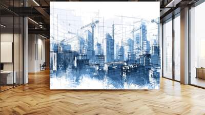 Sketch drawing cityscape scene is rich with color and life with reflective glass surfaces and others featuring more traditional architectural elements. Wall mural