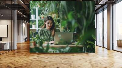 Women Working in modern office and nature friendly startup business with ESG standards and care for worker wellness and healthy environment. Wall mural