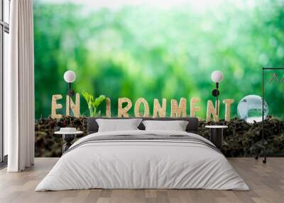 close up Wooden text environment and the globe over blurred green nature background.growing plant for save the earth concept.World environment day concept. Wall mural