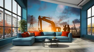 Silhouette of engineer and construction team working at site over blurred background for industry background with Light fair.Create from multiple reference images together Wall mural