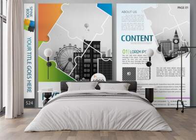 Brochure design template vector. Flyers annual report business magazine poster.Leaflet cover book presentation with abstract jigsaw pattern and flat city background. Layout in A4 size.illustration. Wall mural