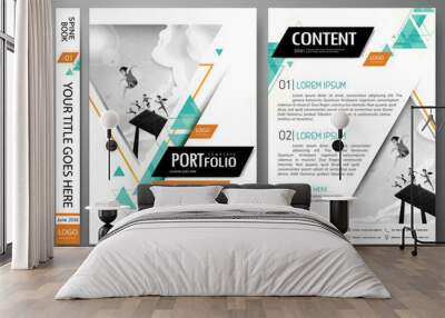 Portfolio design template vector layout.Minimal brochure design report business flyers magazine poster.Abstract green triangle cover book portfolio presentation.City design on A4 brochure layout. Wall mural