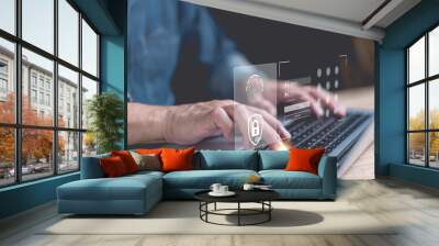 Businessman accessing the virtual screen security system. Cybersecurity concept. Data Security and Encryption User access to personal information, secure internet access. Wall mural