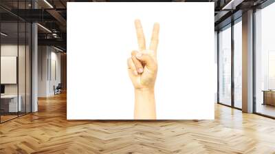 Woman's hand with two fingers up isolated on white background Wall mural