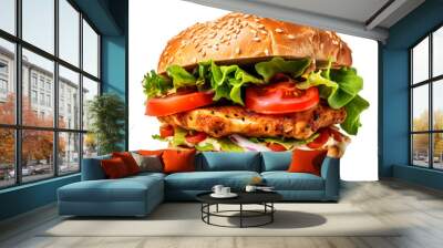 Chicken and Cheese Burger with Veggies on transparent background Wall mural