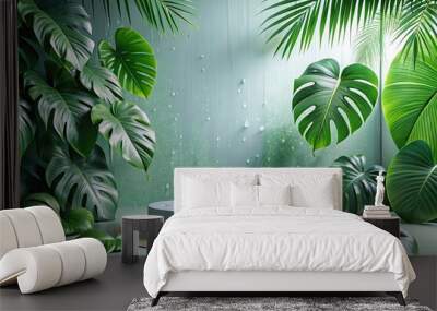 abstract podium scene with cloud raining drops and tropical leaves bird eye view Wall mural