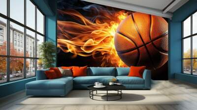 Basketball ball with fire flames on black background Wall mural