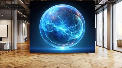 blue glowing dynamic plasma energy flow in bubble on a dark background Wall mural