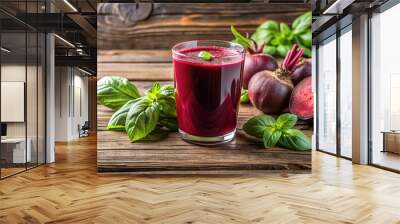 Detox juice and smoothies on wooden table with beetroot and basil Wall mural