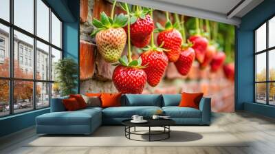 Extreme close-up of red and ripe strawberries near a brick wall Wall mural