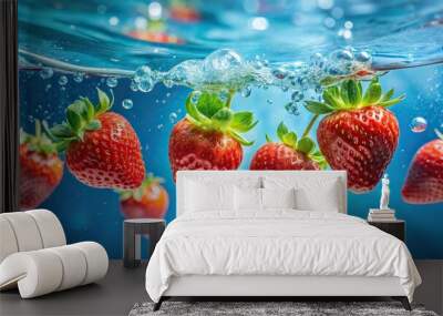 Fresh healthy strawberries floating in blue water with bubbles Wall mural