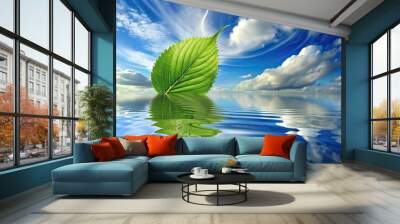 Long shot reflection of green leaf and cloudy sky on water ripple abstract nature background Wall mural