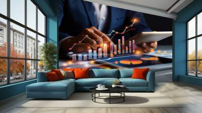 A businessman's hand using a tablet with a financial graph and bar chart of stock market growth on a desk with an office background. A concept for investment Wall mural