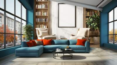 A mockup of an empty black frame on the wall in a modern reading room with armchairs and bookshelves Wall mural